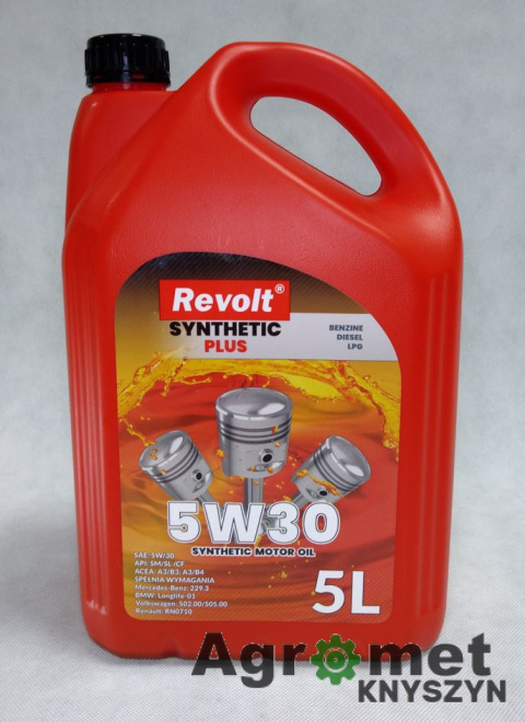 OLEJ REVOLT SYNTH PLUS 5W30 5L A3/B4 API: SM/SL/CF MB:229.3 BMW : LL-01 VW: 502.00/505.0 OLEJ REVOLT SYNTH PLUS 5W30 5L A3/B4 API: SM/SL/CF MB:229.3 BMW : LL-01 VW: 502.00/505.0